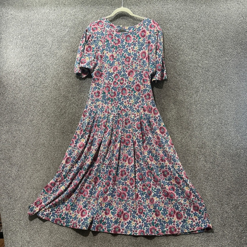 Vintage Maggie Lawrence Pink Blue Floral Dropped Waist Midi Dress Large Cottage